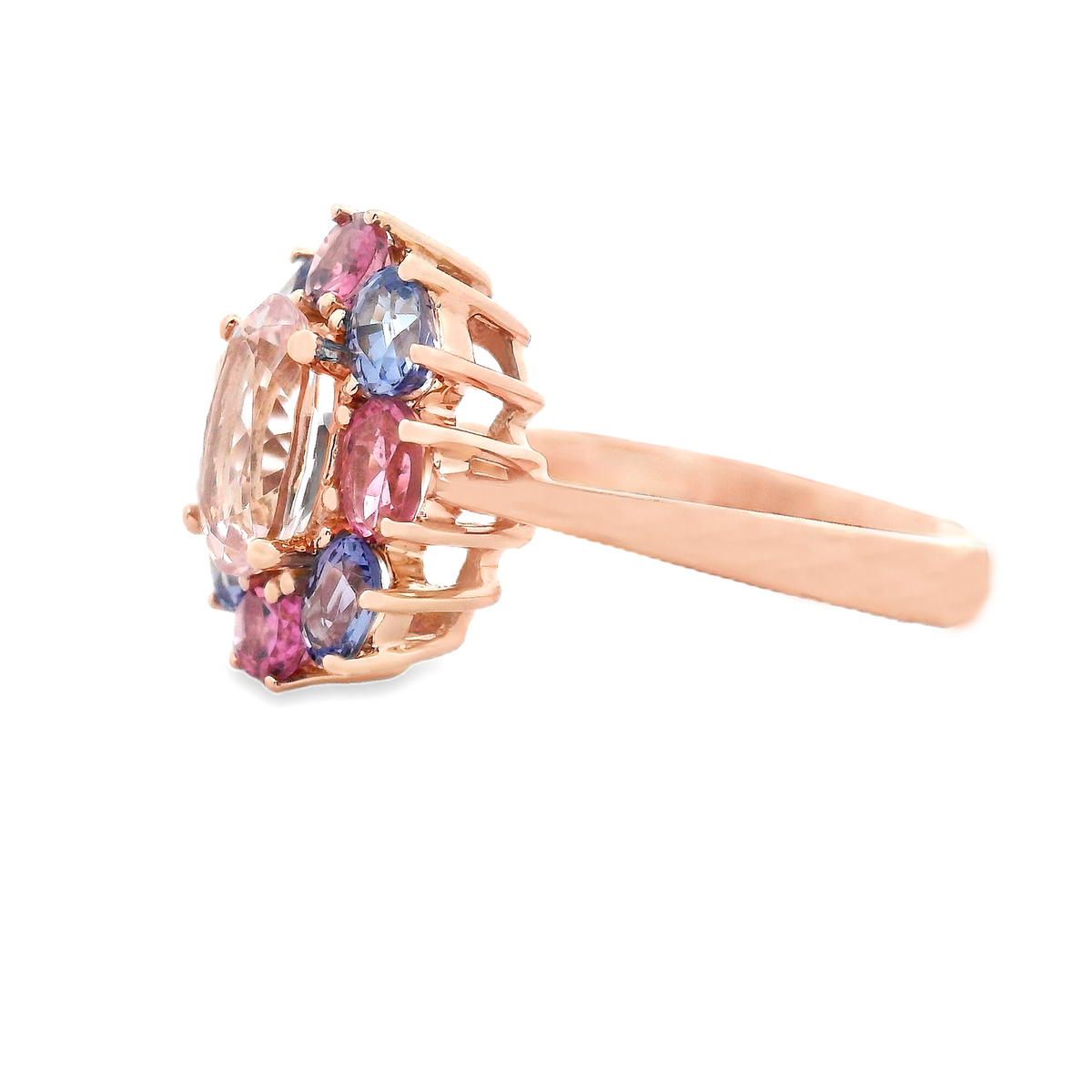 200-1691 - 14k Rose Gold Morganite, Tourmaline and Tanzanite Ring