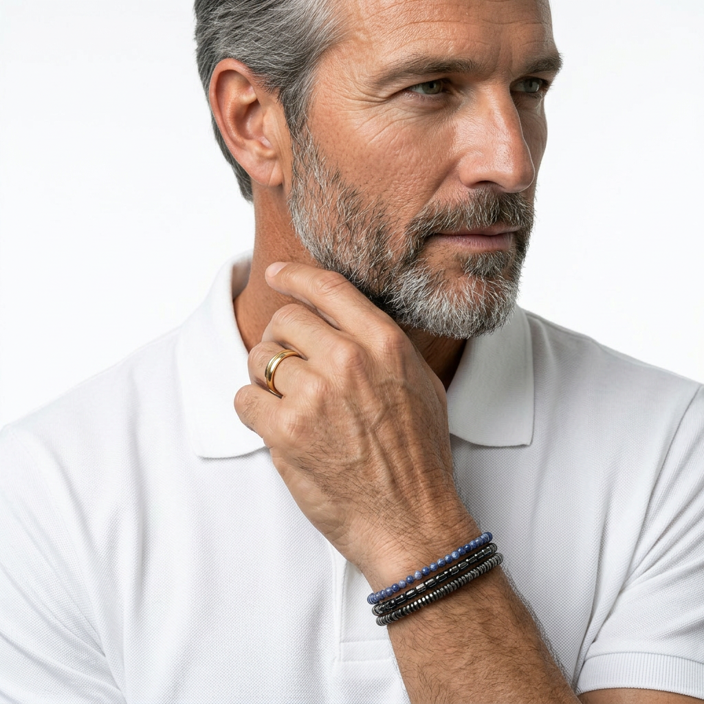 Tateossian men's bracelets stacked on model's wrist