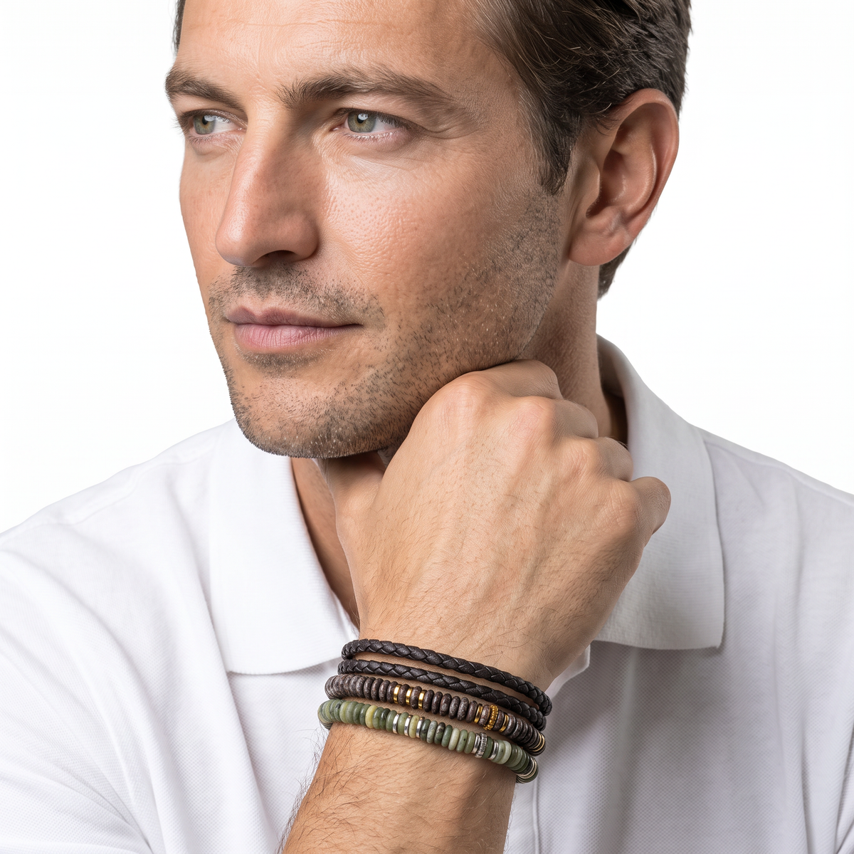 Tateossian men's bracelets stacked on model's wrist