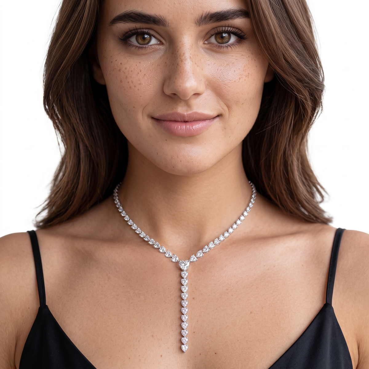 165-1898 24.05ct 18k White Gold Diamond Y Necklace worn on model