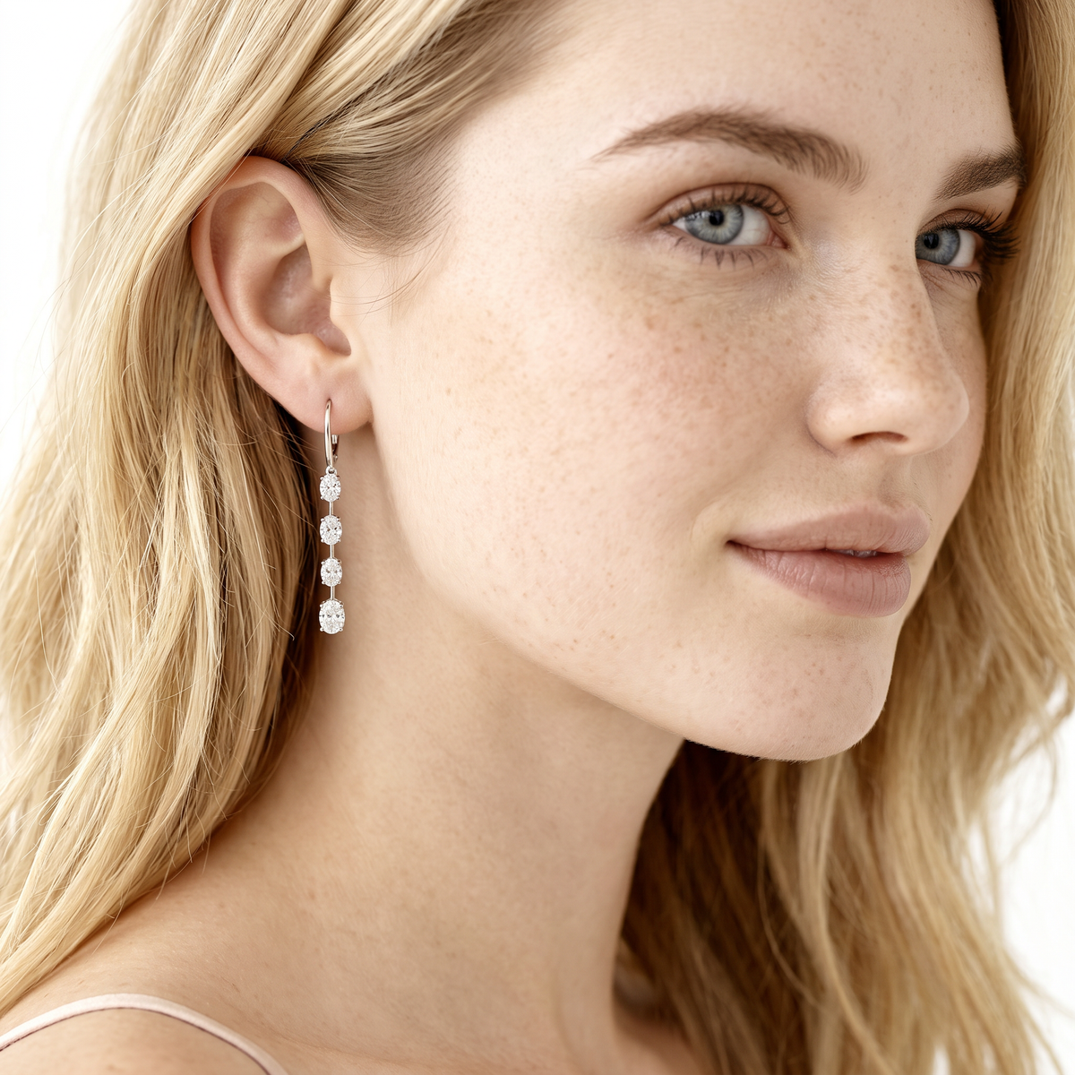 150-6614 2.48ct 18k White Gold Oval Diamond Drop Earrings worn on model