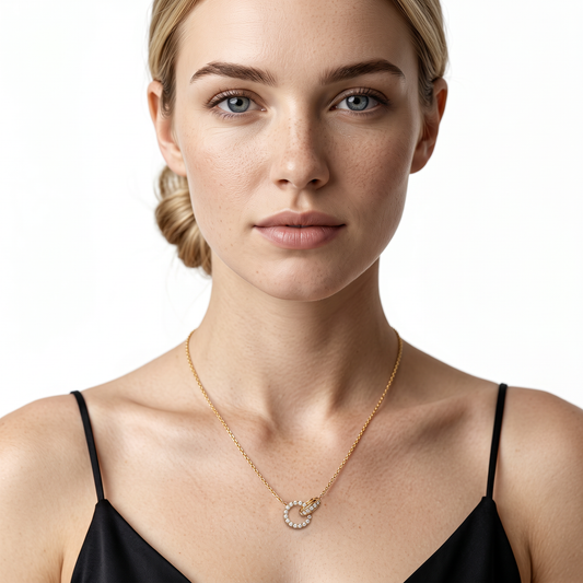 165-1895 1.00ct 18k Yellow Gold Diamond Interlocking Circle Pendant worn on model