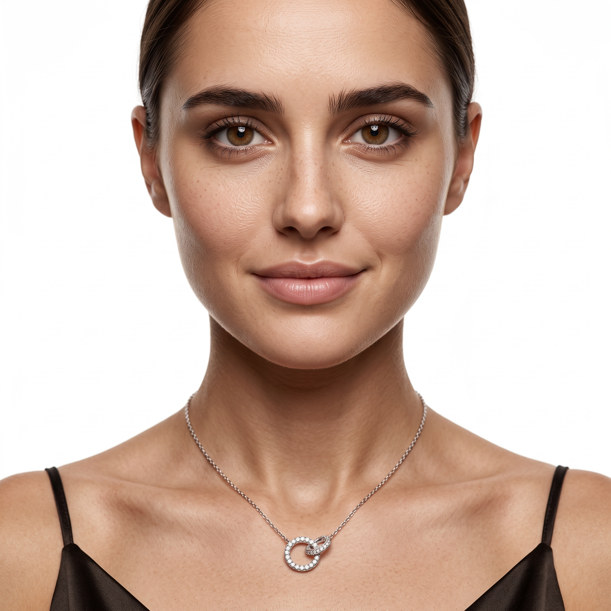 165-1896 — 0.43ct 18k White Gold Diamond Interlocking Circle Pendant worn on model