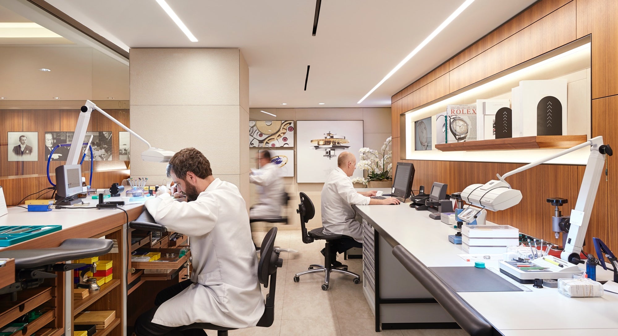 The Rolex service procedure Watchmakers at work in a Rolex service workshop