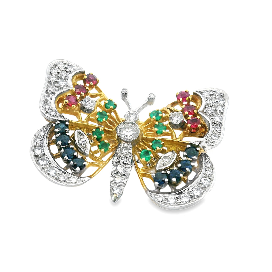Estate piece: 18k yellow gold and platinum butterfly brooch with di...