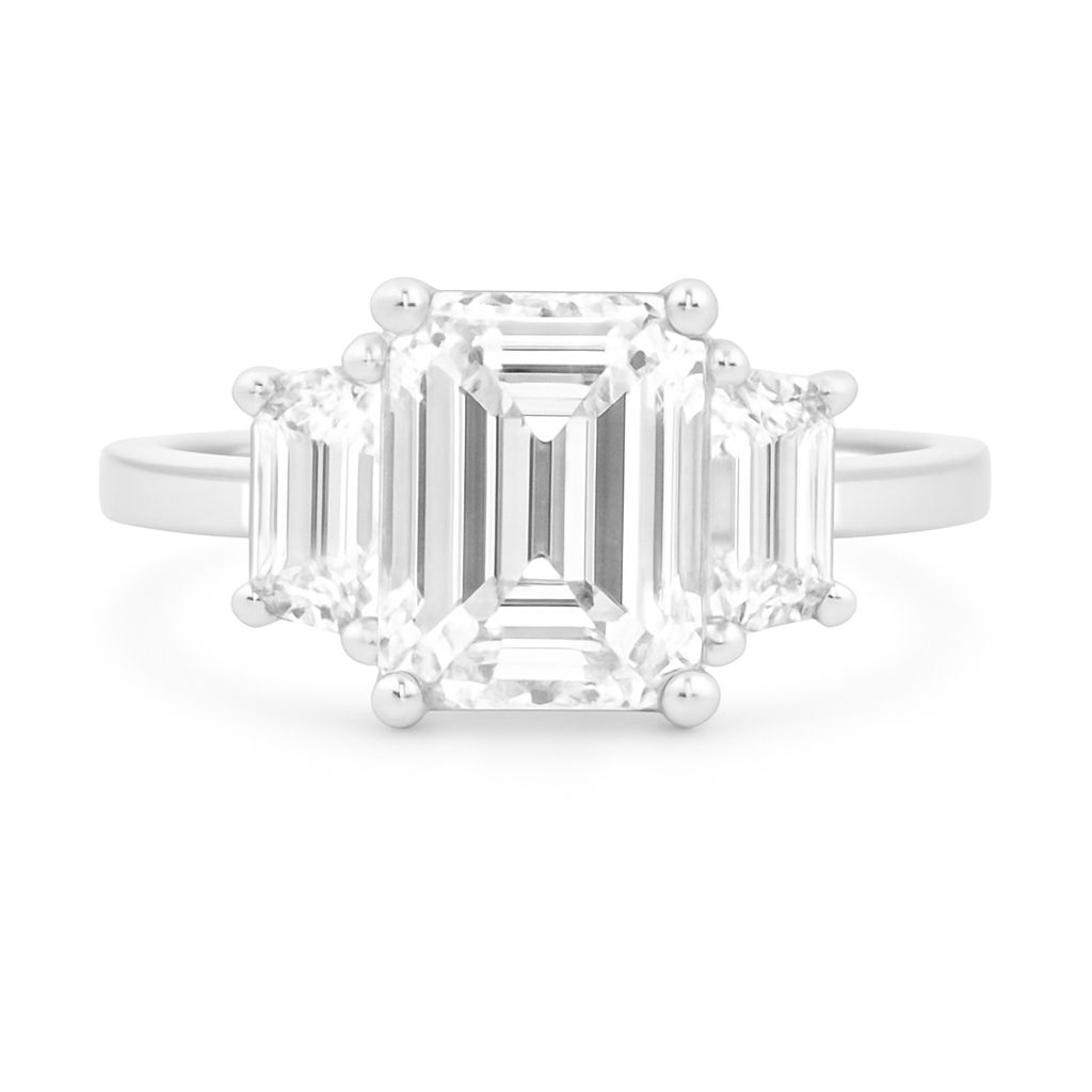 2.60ct Three Stone Emerald Cut Platinum Diamond Engagement Ring
