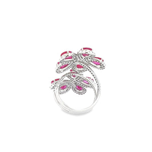18k White Gold Diamond & Ruby Flower Ring