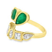18k Yellow Gold Diamond and Emerald Bypass Ring