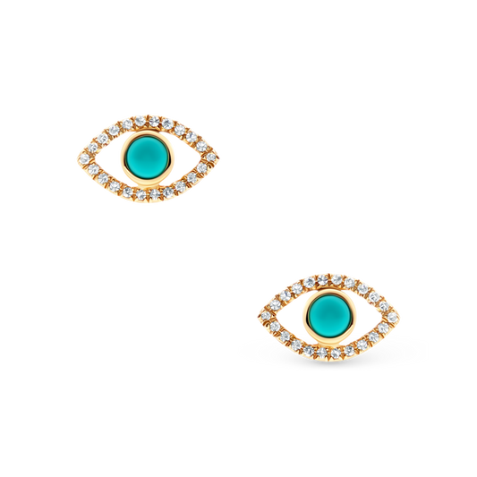 14k Yellow Gold Diamond and Turquoise Evil Eye Stud Earrings, SKU 150-6512