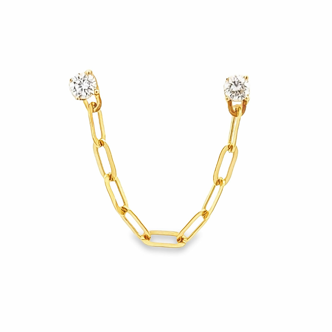 This 14k yellow gold earring features 2 diamond studs connected by ...