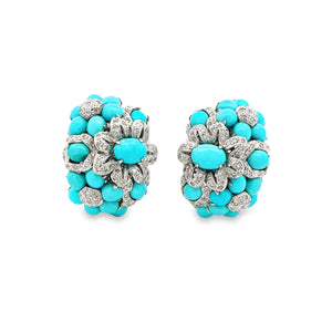 18k white gold diamond & turquoise cluster earrings.
