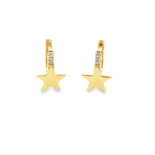 14k yellow gold star huggy hoop earrings. 4 round brilliant cut dia...