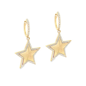 These 14k yellow gold diamond drop earrings feature huggy hoops and...