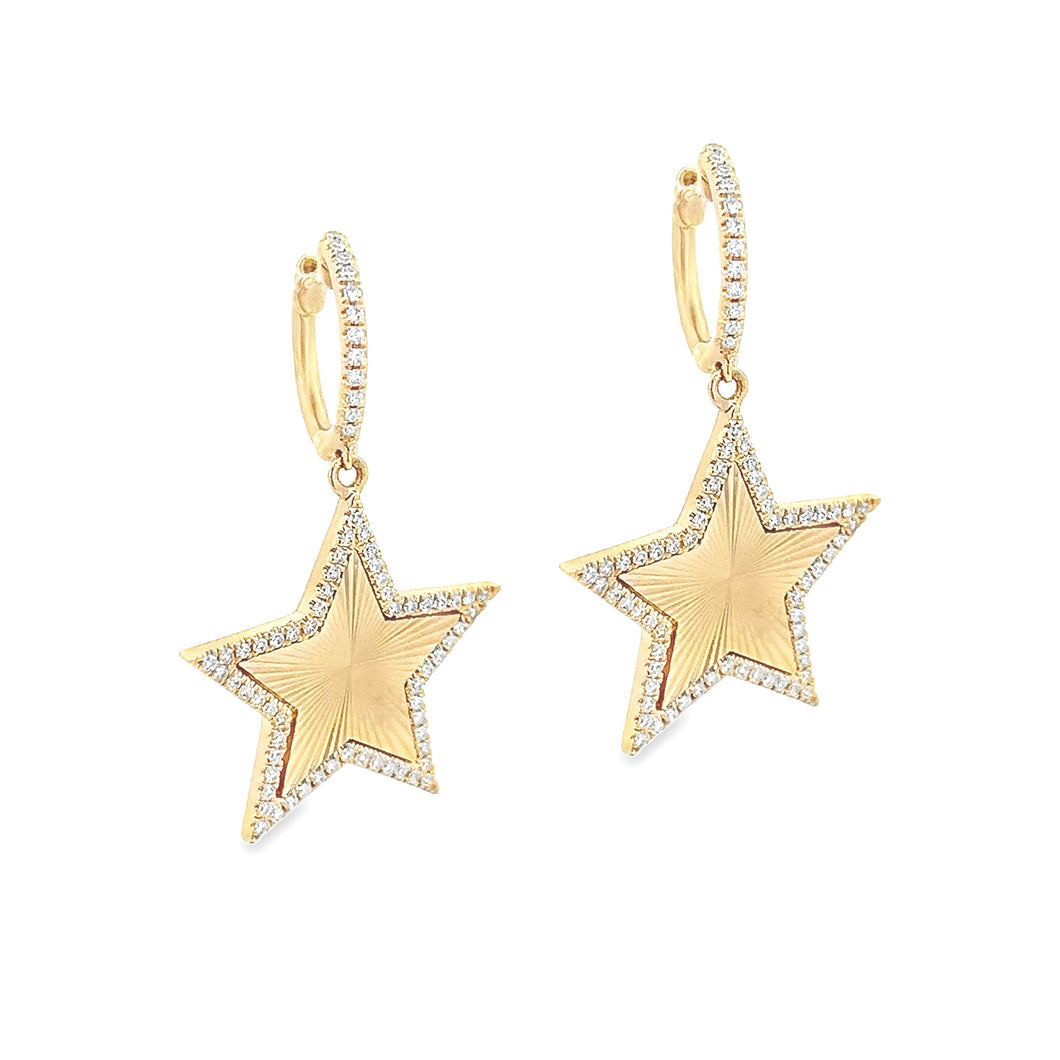 These 14k yellow gold diamond drop earrings feature huggy hoops and...