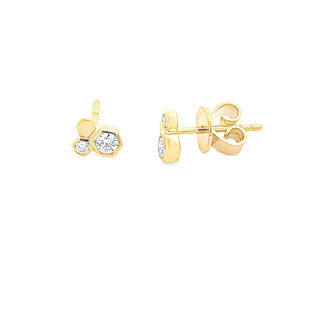 Dainty 14k yellow gold hexagon shaped earrings feature round brilli...