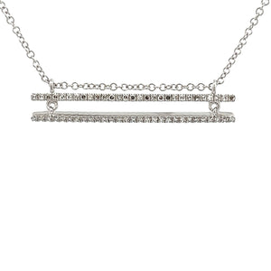 14k white gold necklace features a double bar pendant with 58 pave-...