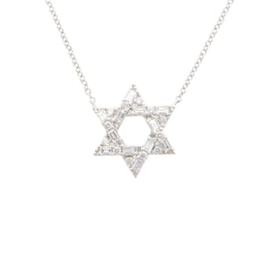 This 14k white gold star of David pendant features round brilliant ...