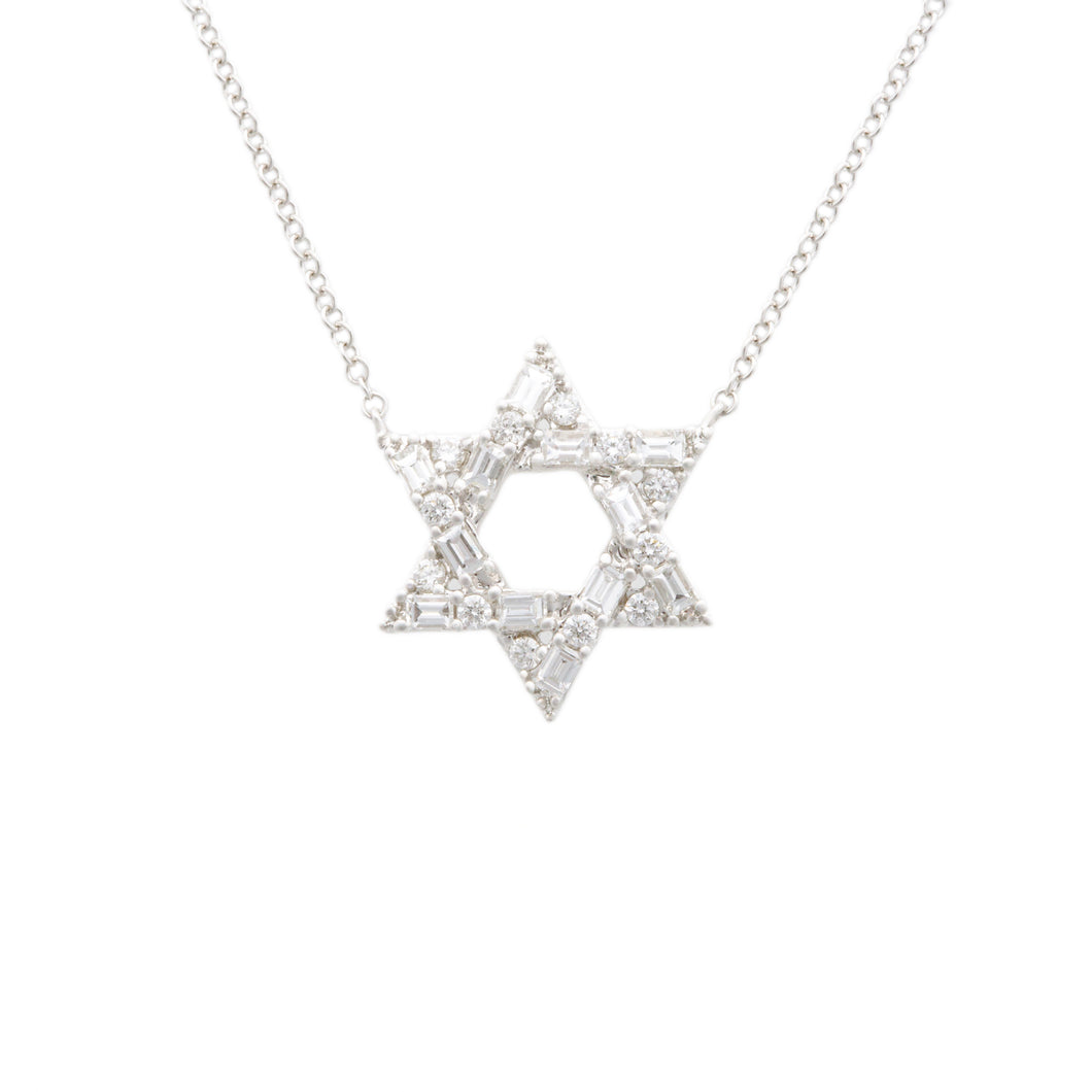 This 14k white gold star of David pendant features round brilliant ...