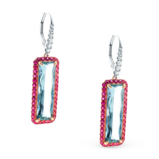 18k White and Rose Gold Diamond, Pink Sapphire and Aquamarine Drop Earrings, SKU 210-624
