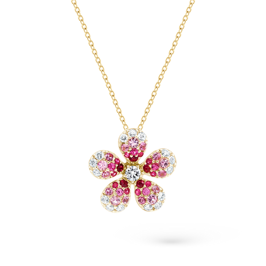 .40ct 18k Yellow Gold Diamond, Ruby, and Pink Sapphire Flower Pendant - SKU 230-236
