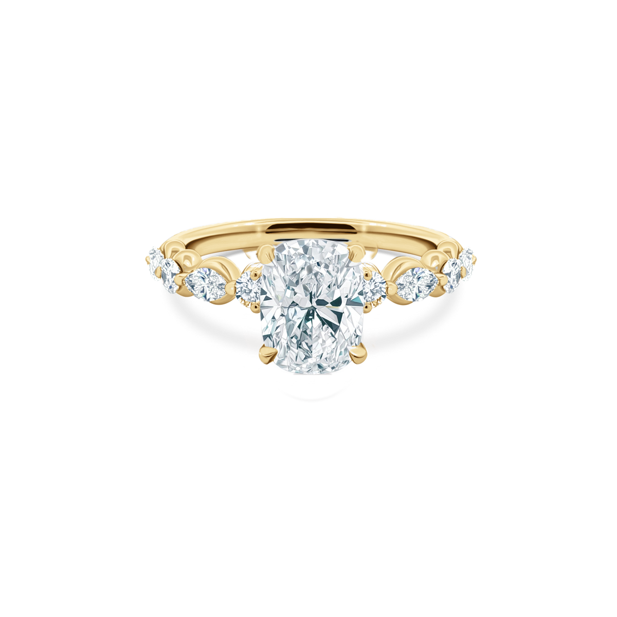 Elongated Cushion Cut Lab Grown Diamond Shared Prong Engagement Ring in 14K yellow gold with 2.00ct center diamond