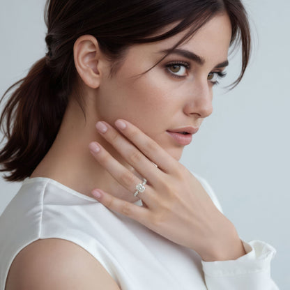 Elongated Cushion Cut Lab Grown Diamond Shared Prong Engagement Ring with 2.00ct center diamond worn on hand
