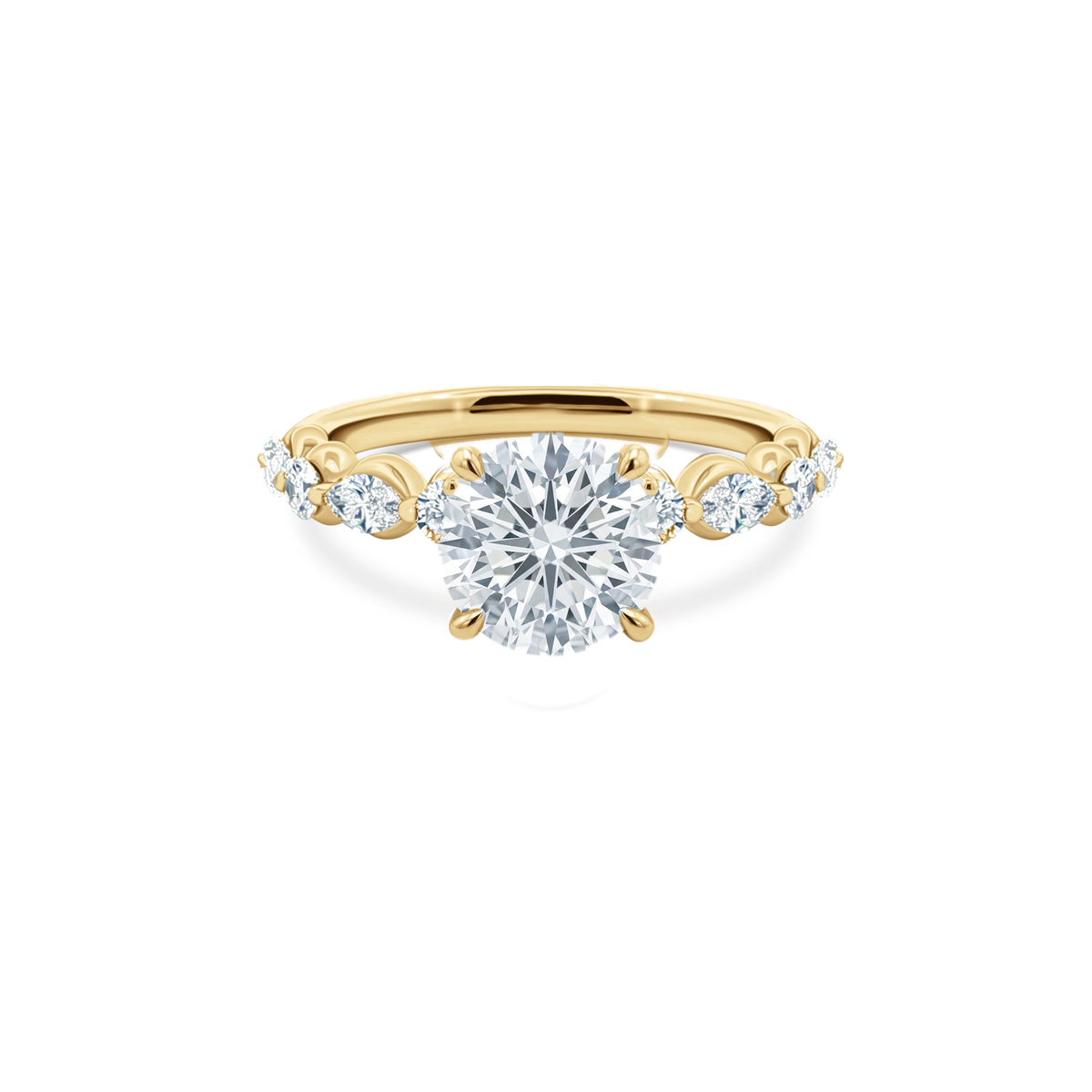 Round Brilliant Cut Lab Grown Diamond Shared Prong Engagement Ring in 14K yellow gold with 2.00ct center diamond