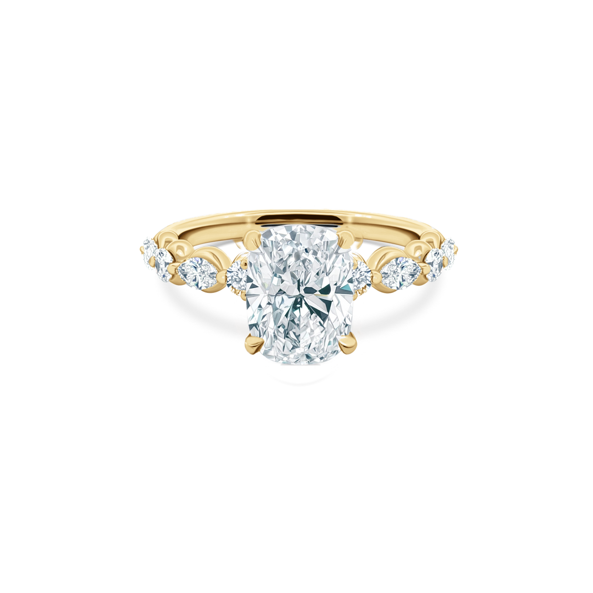 Elongated Cushion Cut Lab Grown Diamond Shared Prong Engagement Ring in 14K yellow gold with 2.50ct center diamond
