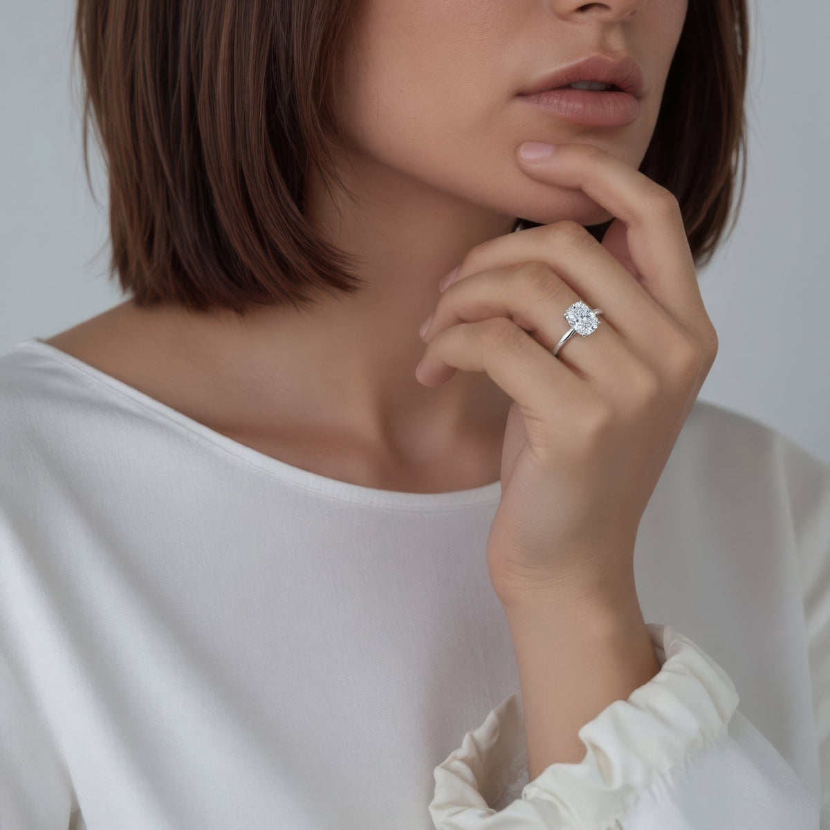 Elongated Cushion Cut Lab Grown Diamond Solitaire Engagement Ring with 2.50ct center diamond worn on hand