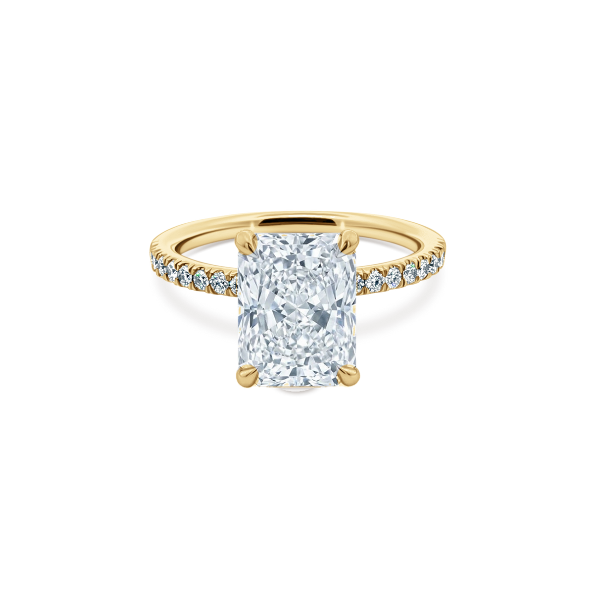 Elongated Radiant Cut Lab Grown Diamond Pave Engagement Ring in 14K yellow gold with 2.50ct center diamond