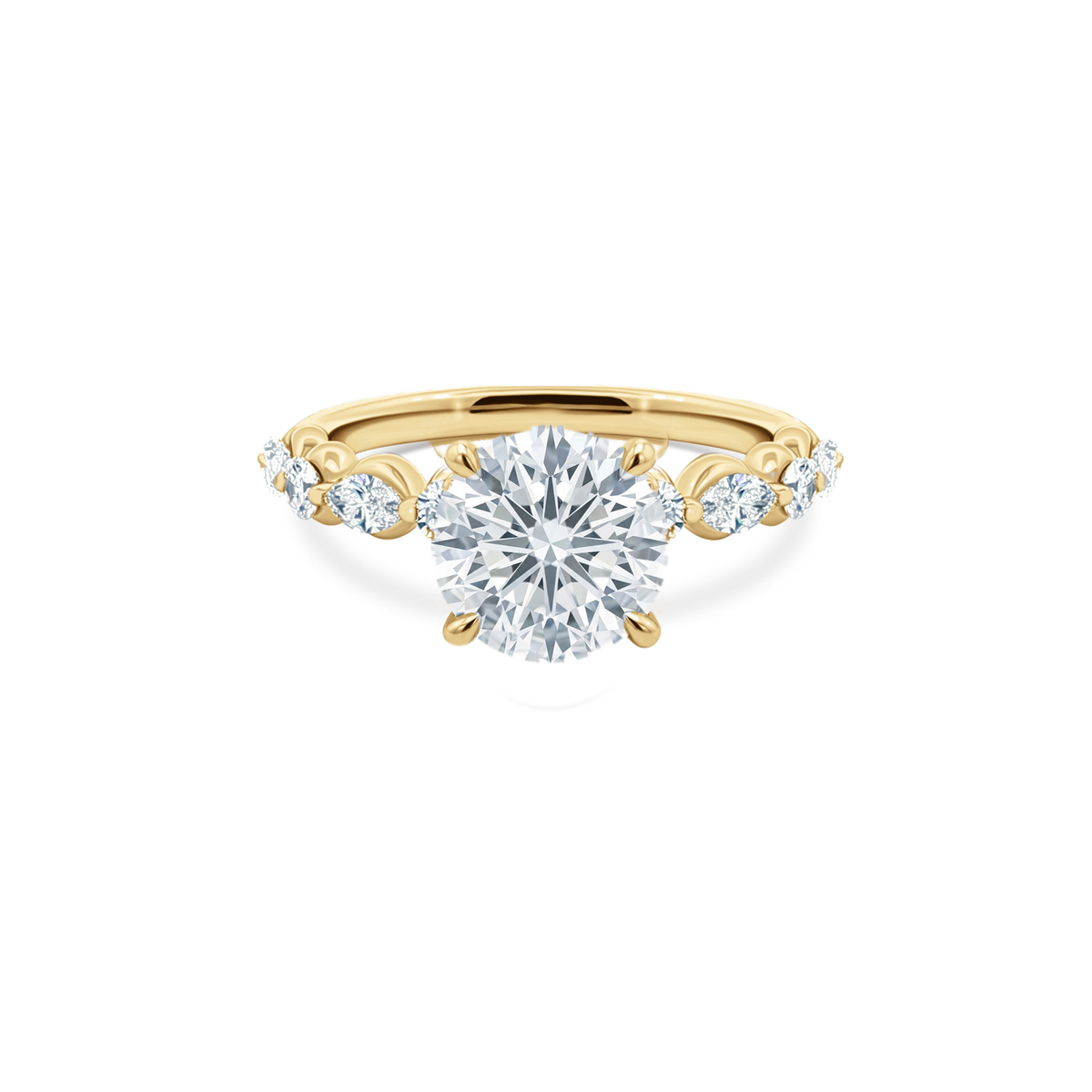 Round Brilliant Cut Lab Grown Diamond Shared Prong Engagement Ring in 14K yellow gold with 2.50ct center diamond