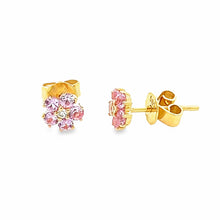 Dainty 14k yellow gold stud earrings feature pink sapphires as peta...