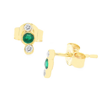18k yellow gold dainty earrings that feature 2 gorgeous emeralds an...
