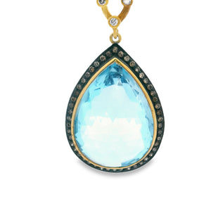 Estate piece: Yellow gold blue topaz and diamond drop earrings. 
Ea...