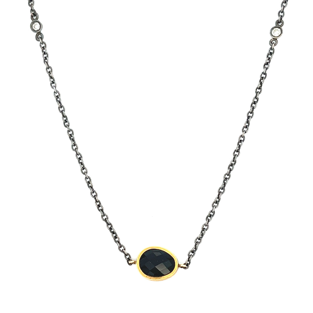 Oxidized Silver and Black Onyx Necklace. 4 bezel-set diamonds. Neck...