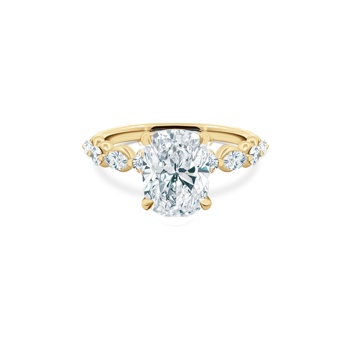 Elongated Cushion Cut Lab Grown Diamond Shared Prong Engagement Ring in 14K yellow gold with 3.00ct center diamond