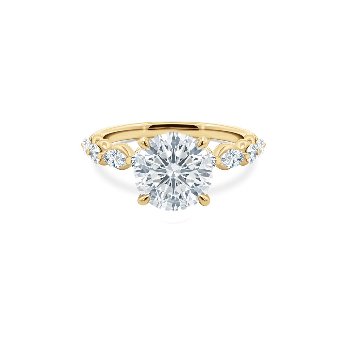 Round Brilliant Cut Lab Grown Diamond Shared Prong Engagement Ring in 14K yellow gold with 3.00ct center diamond