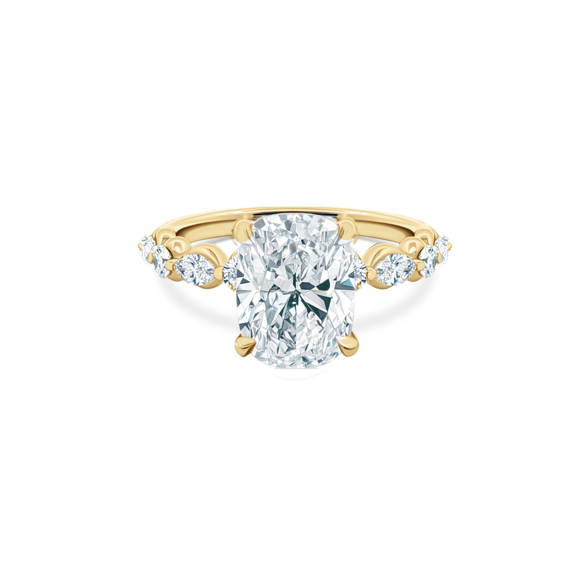 Elongated Cushion Cut Lab Grown Diamond Shared Prong Engagement Ring in 14K yellow gold with 3.50ct center diamond