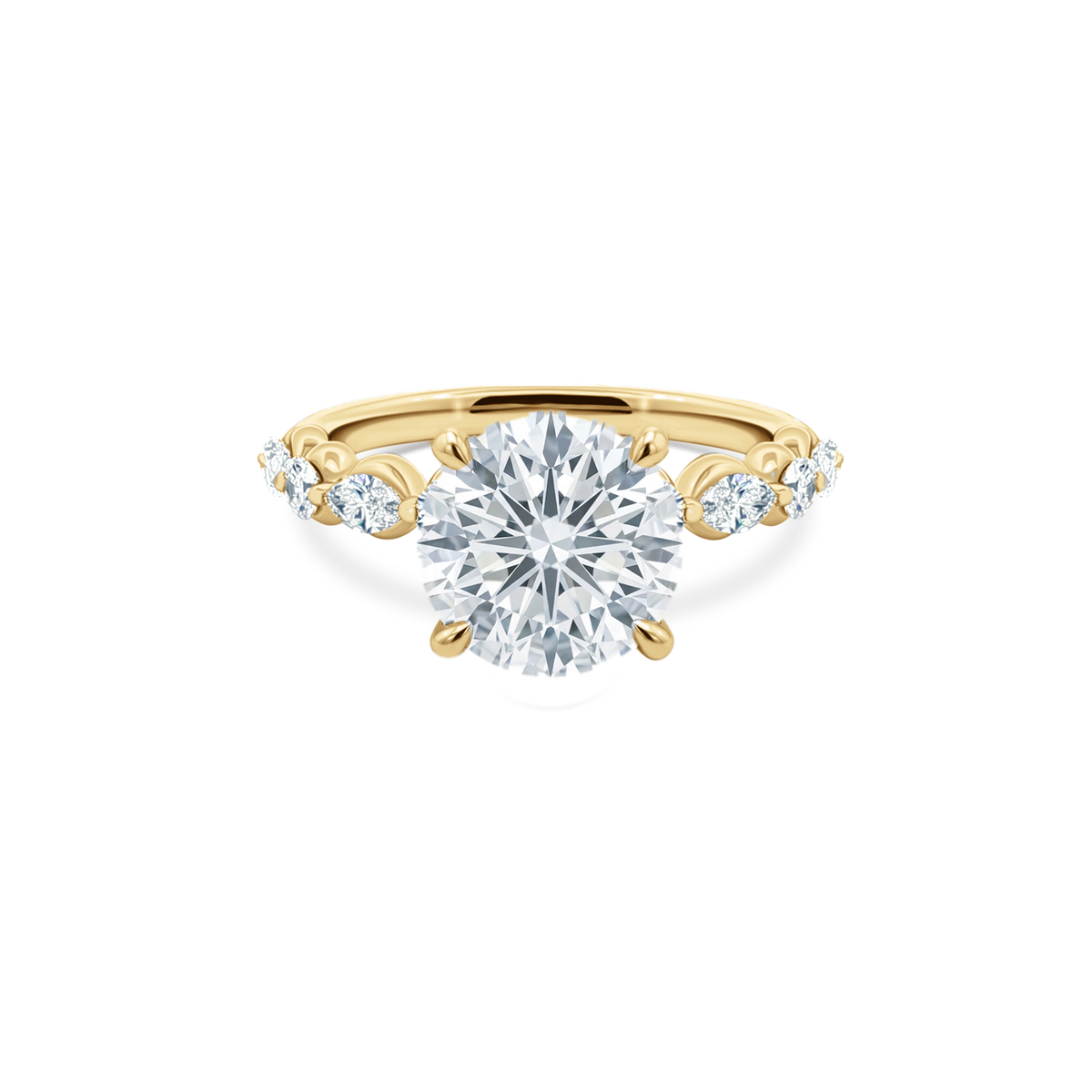 Round Brilliant Cut Lab Grown Diamond Shared Prong Engagement Ring in 14K yellow gold with 3.50ct center diamond