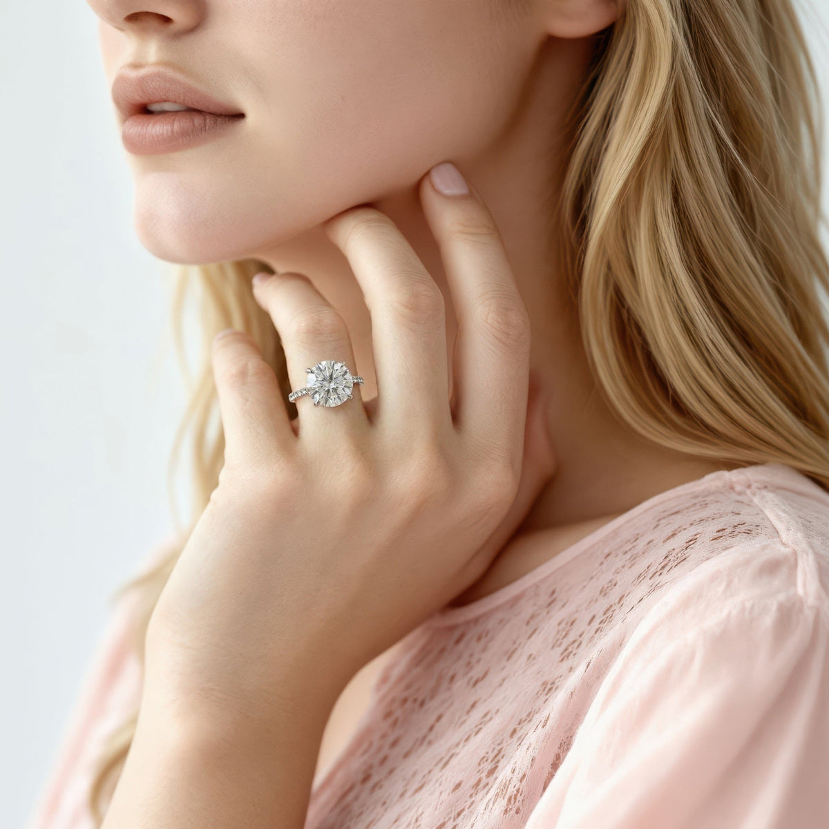 Round Brilliant Lab Grown Diamond Pave Engagement Ring with 3.00ct center diamond worn on hand