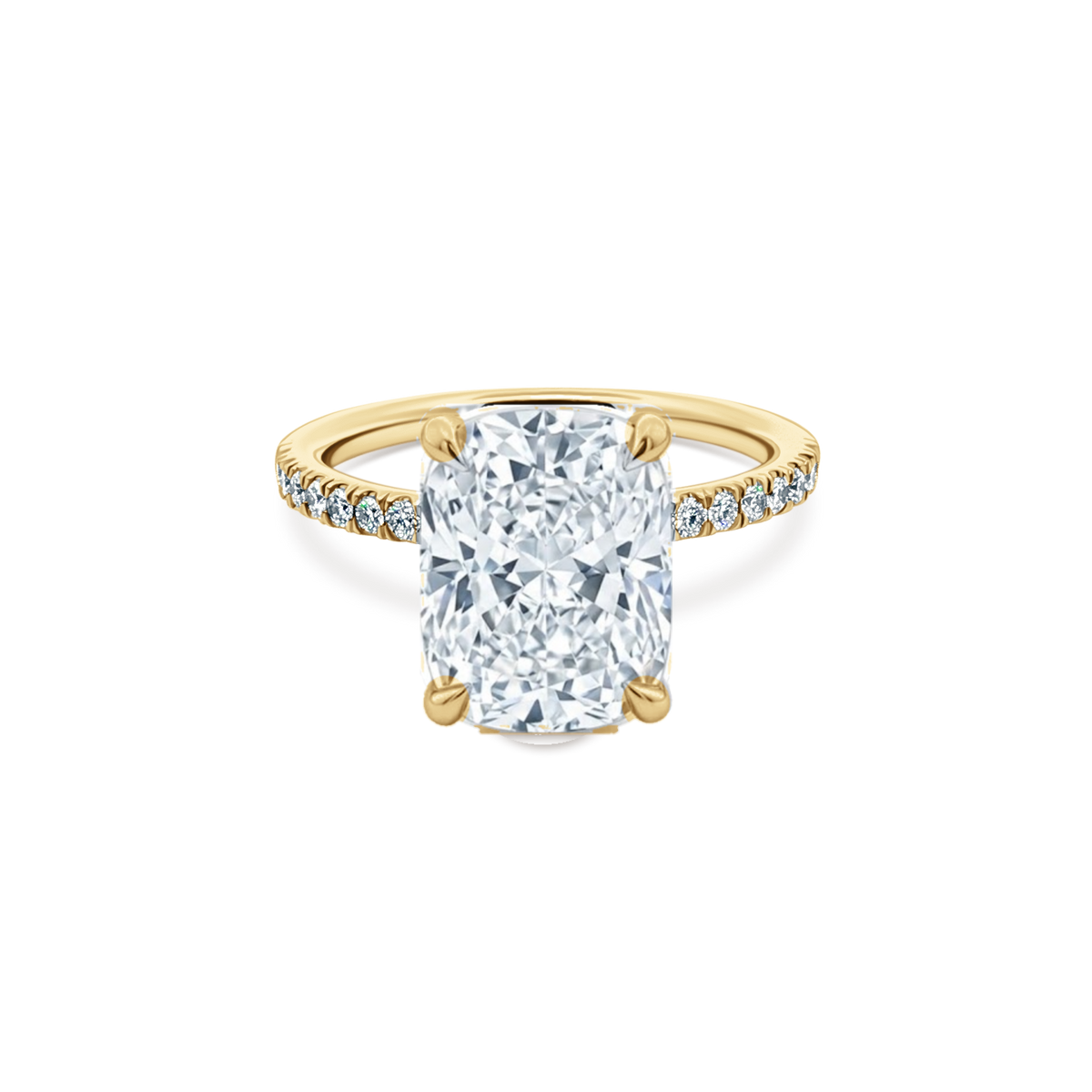 Elongated Cushion Cut Lab Grown Diamond Pave Engagement Ring in 14K yellow gold with 4.00ct center diamond