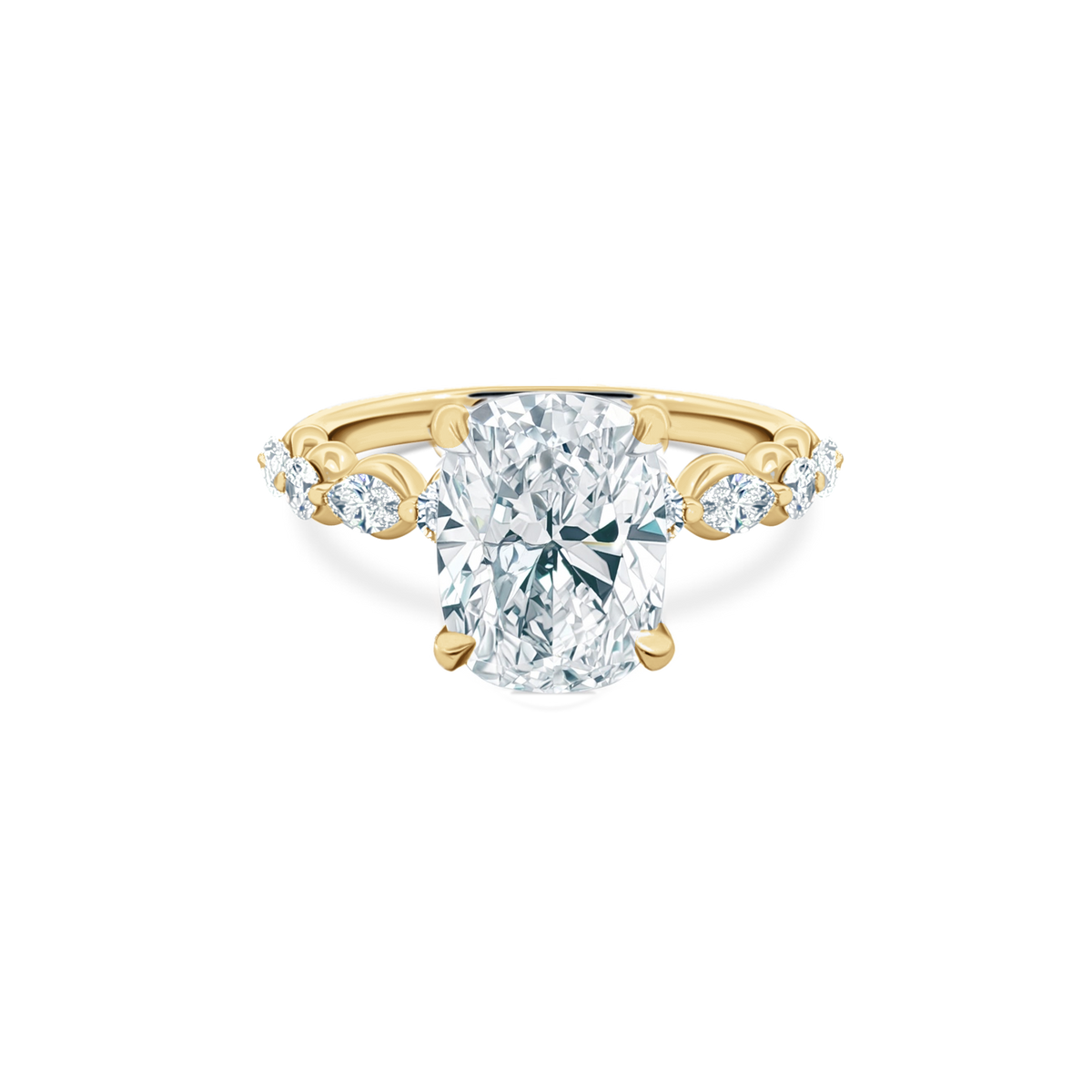Elongated Cushion Cut Lab Grown Diamond Shared Prong Engagement Ring in 14K yellow gold with 4.00ct center diamond