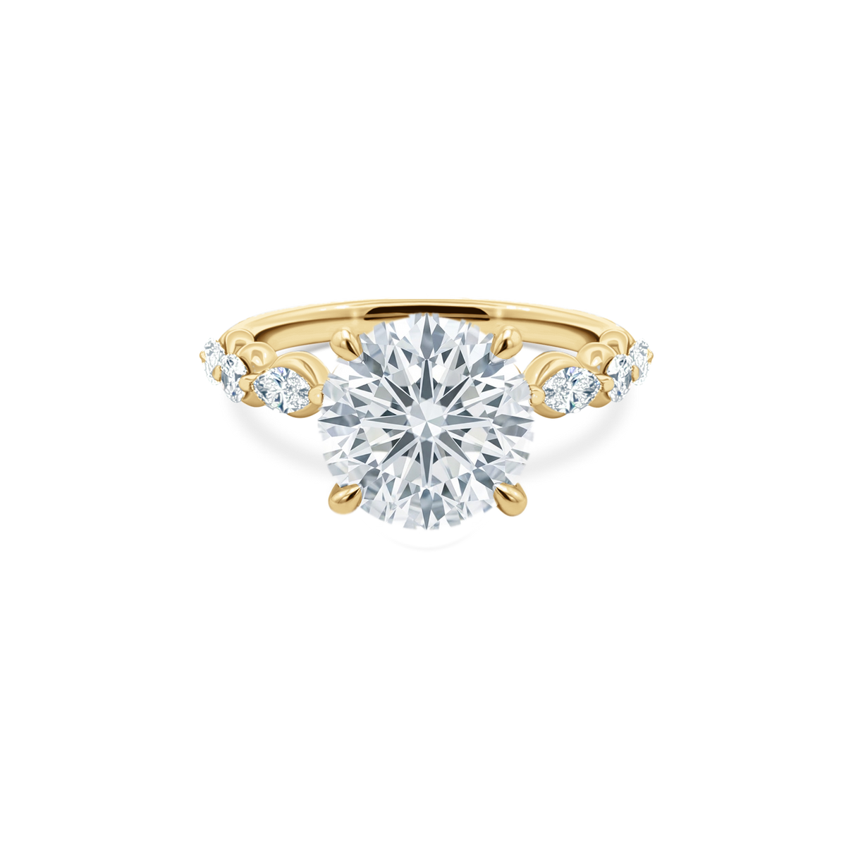 Round Brilliant Cut Lab Grown Diamond Shared Prong Engagement Ring in 14K yellow gold with 4.00ct center diamond