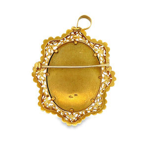 18k yellow gold brooch with an intricate painted cameo. 