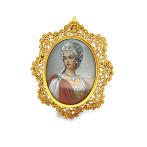 18k yellow gold brooch with an intricate painted cameo. 