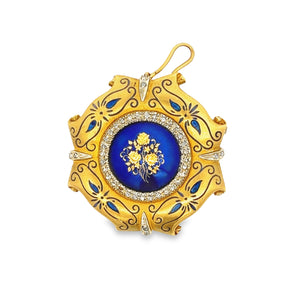 Estate 18k Yellow Gold pendant with blue enamel and uncut diamonds. 