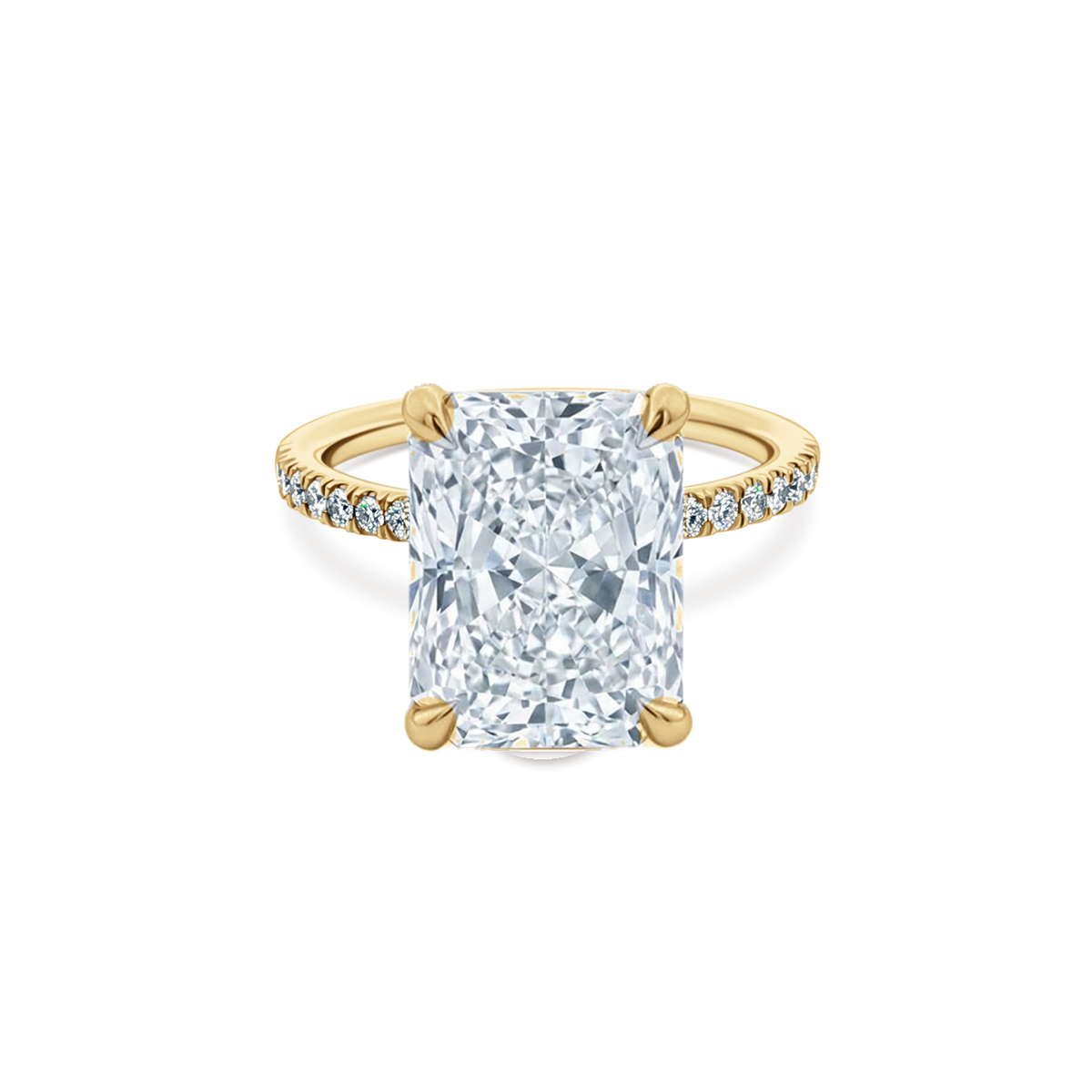 Elongated Radiant Cut Lab Grown Diamond Pave Engagement Ring in 14K yellow gold with 5.00ct center diamond