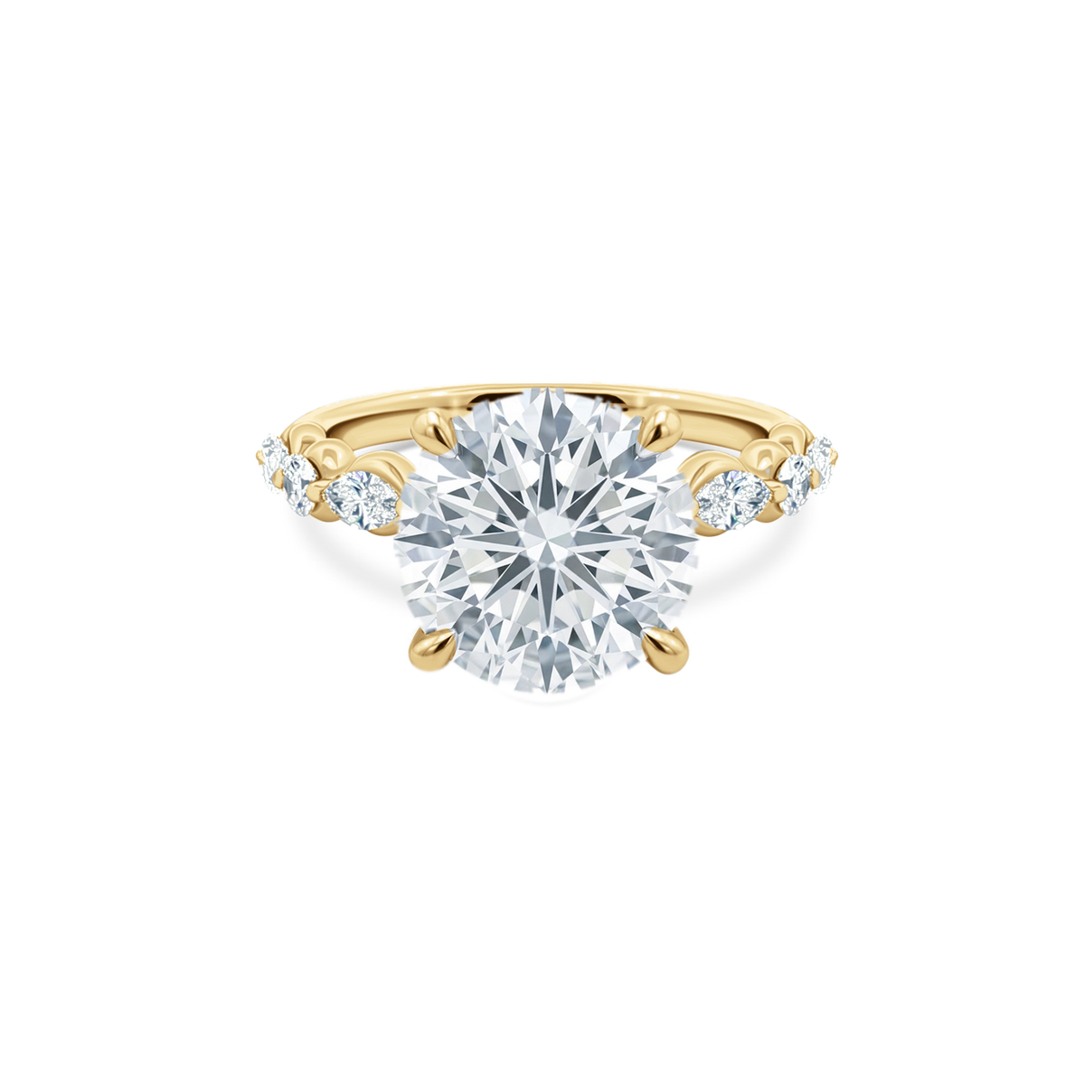 Round Brilliant Cut Lab Grown Diamond Shared Prong Engagement Ring in 14K yellow gold with 5.00ct center diamond