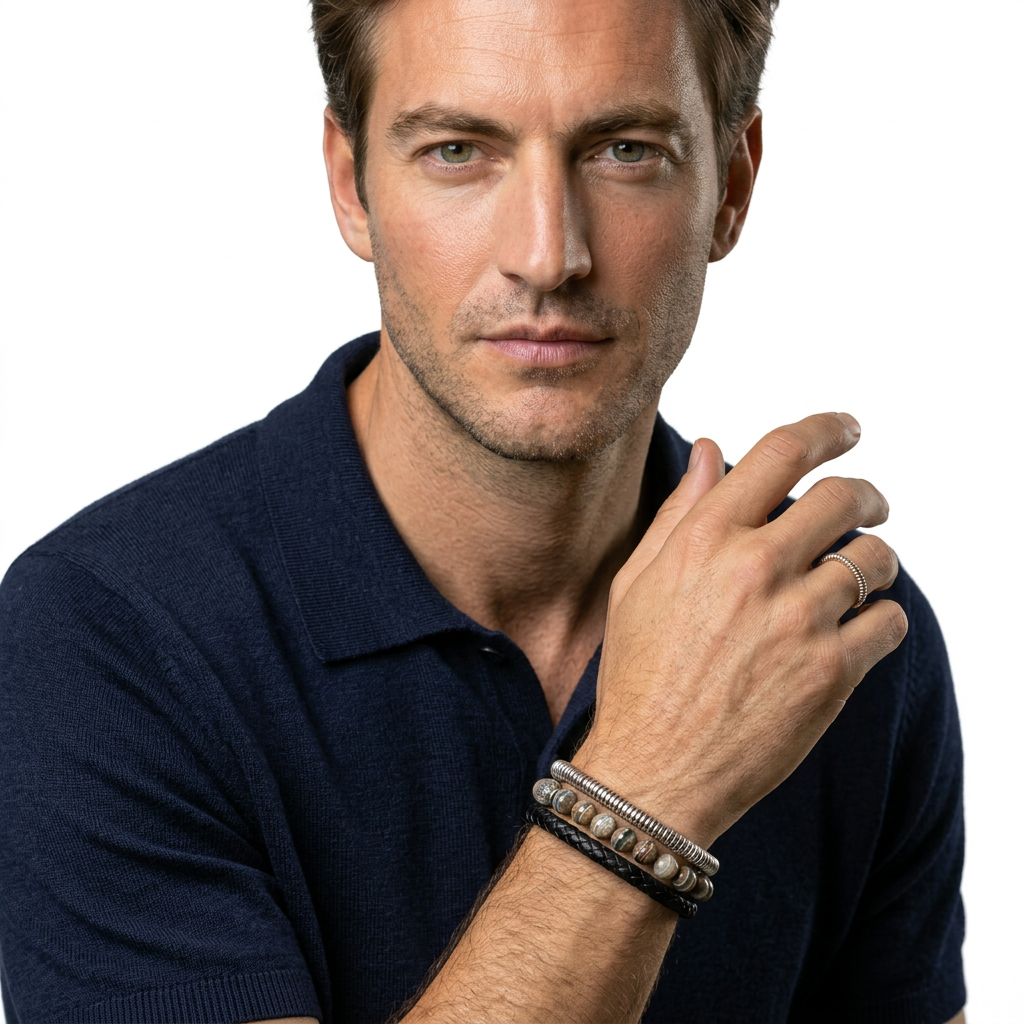 Tateossian men's bracelets stacked on model's wrist