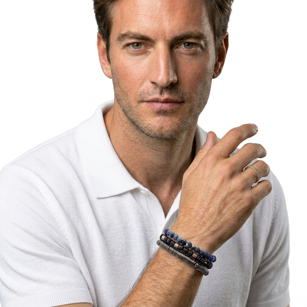 Tateossian men's bracelets stacked on model's wrist